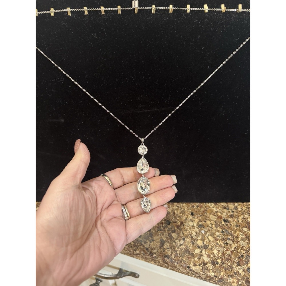 Touchstone Crystal Glisten Pendant Necklace 34" Adjustable New rhodium Plated